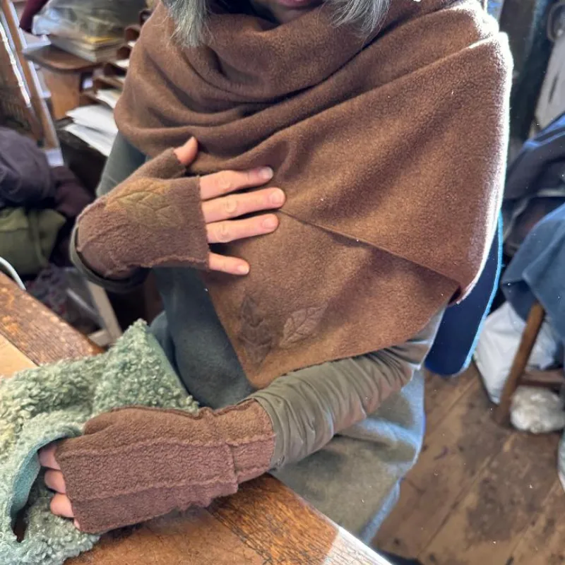 a Feeline Clothing rich cappuccino brown worn by a seamstress at work