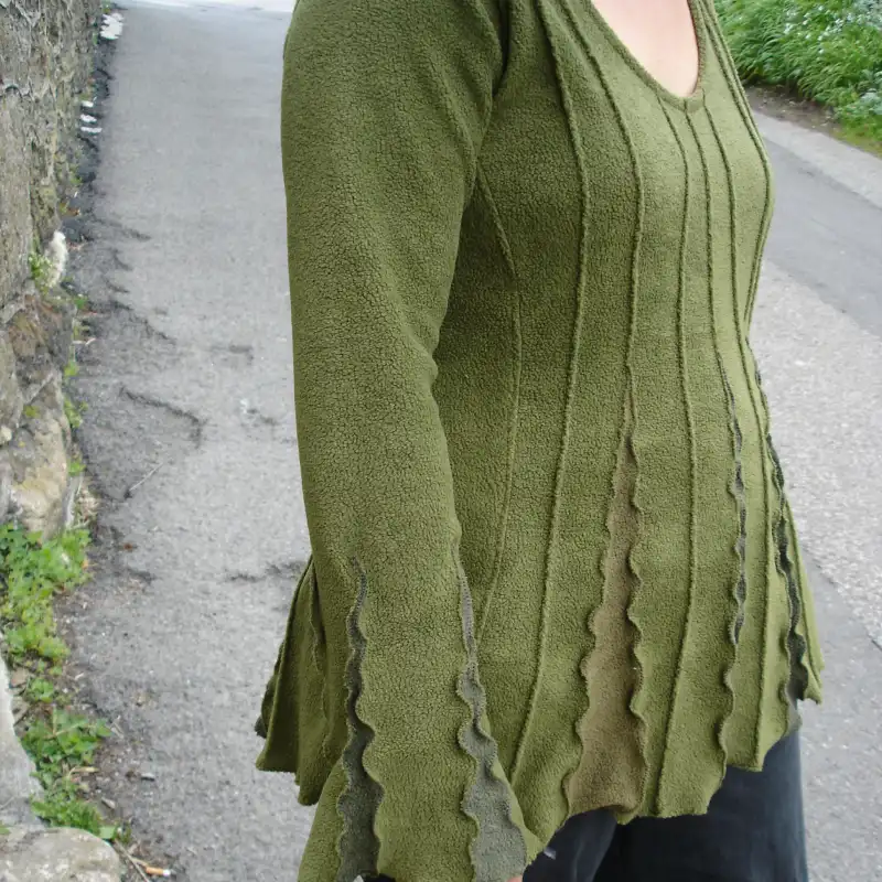 Feeline Clothing top, in fern colour way, modelled outside Salt Cellar Workshops, Porthleven, Cornwall
