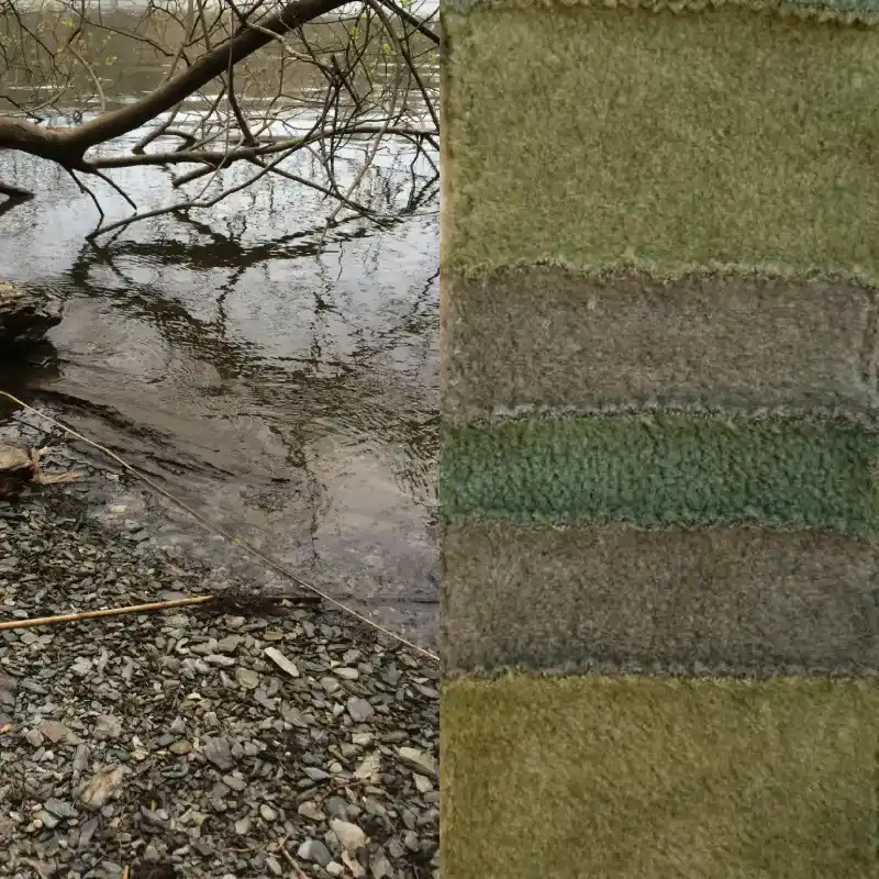 a composite image including a view at the edge of Loe Pool near Porthleven, Cornwall, with a close up detail of a Feeline Clothing stripey mitten in similar colours of neutral tones. greys, warm and cool, and soft aqua