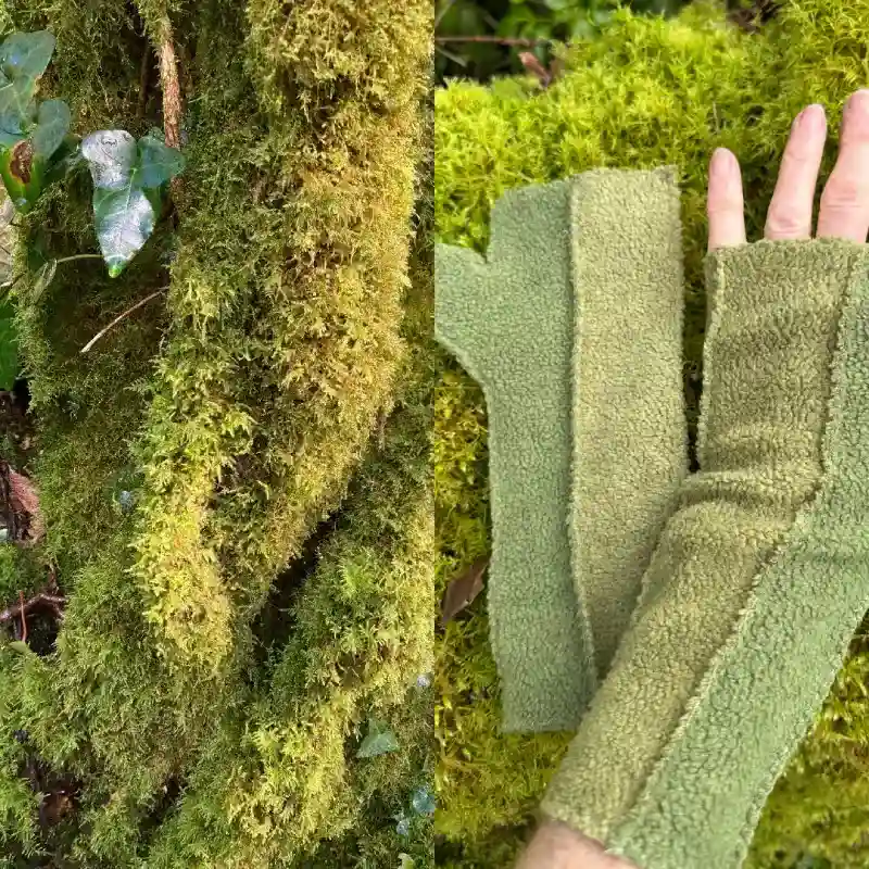 a composite image combining a pair of Feeline Clothing two tone mittens in green with a close up of a mossy tree trunk