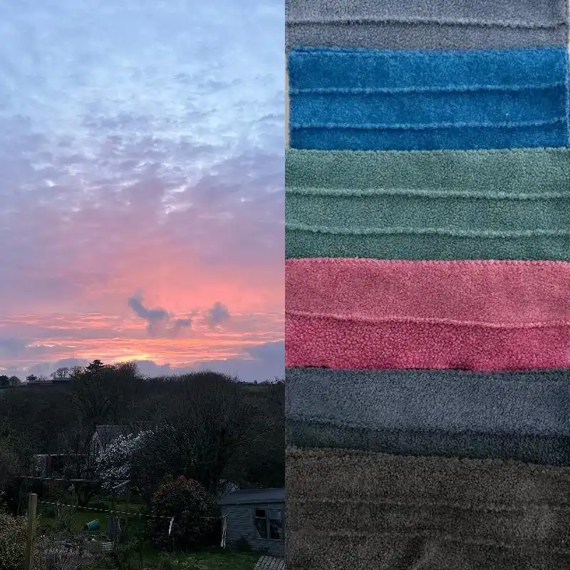 composite image of a sunset over a garden, with 6 pairs of Feline Clothing mittens in similar colours making a stipe pattern.