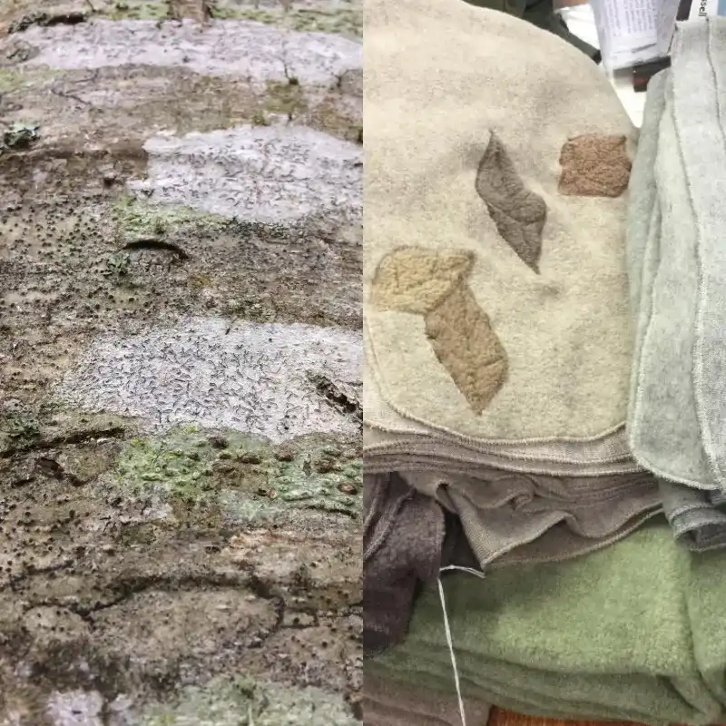 a composite image of a close up of tree bark and a close up of a pile of Feeline Clothing scarves/wraps on sale in Salt Cellar Workshops in Porthleven, Cornwall.